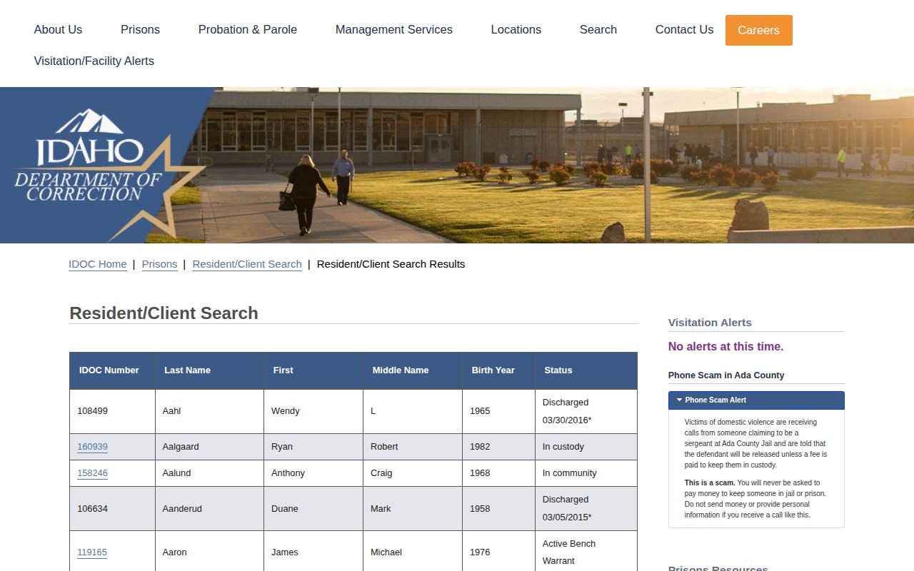 Idaho Department of Correction search results with status labels