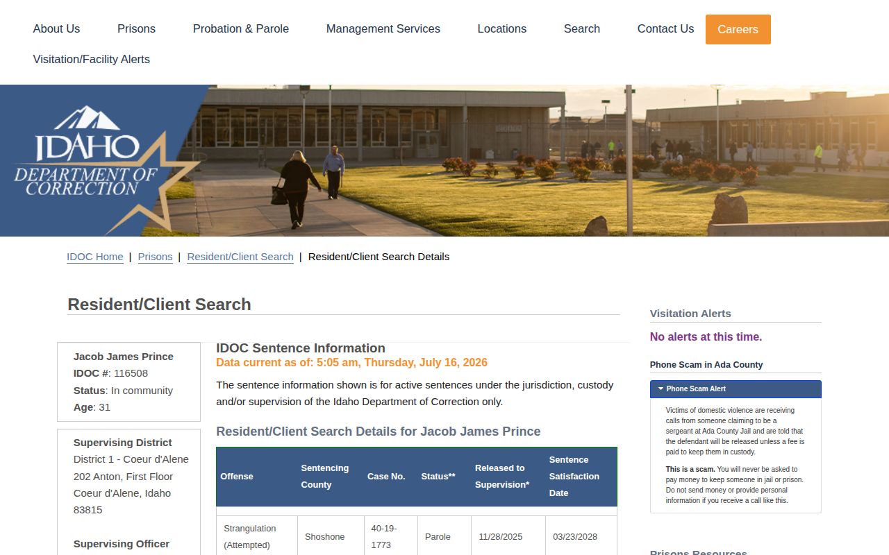 IDOC in-community detail showing parole and release-to-supervision fields