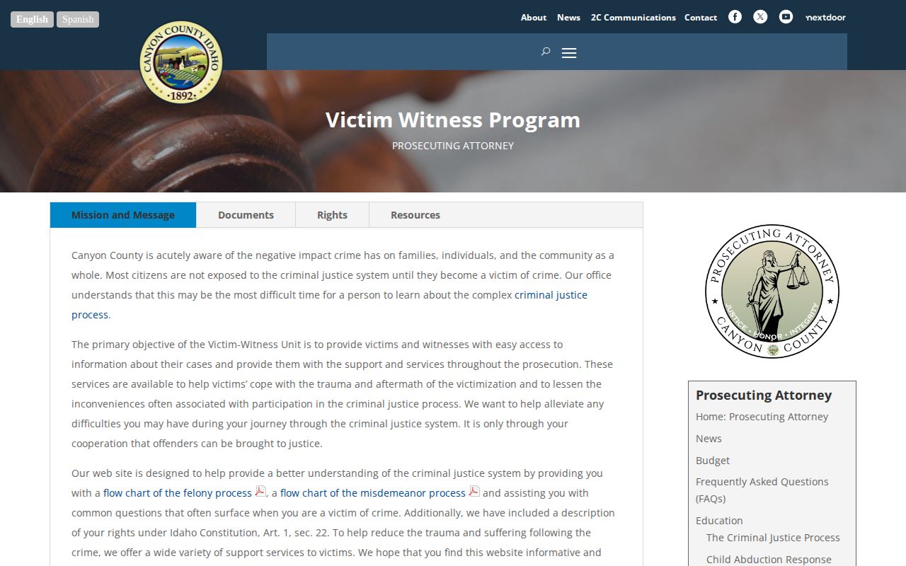 Canyon County Victim Witness guidance linking to Idaho VINE