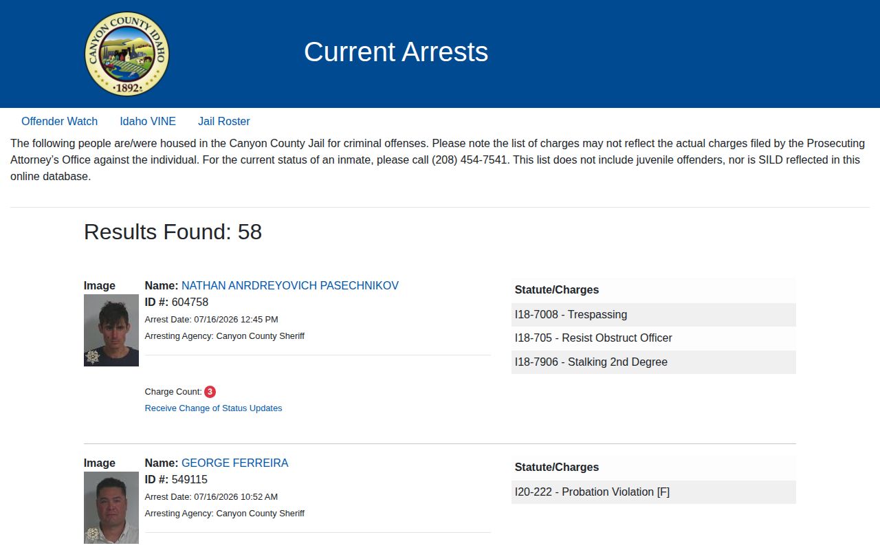 Canyon County Current Arrests booking data, not 24-hour releases